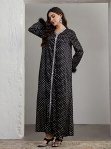Graceveil Women's V-Neck Loose Polka Dot Silver Foil Furry Elegant Arabic Long Dress Modest - Black - View 6