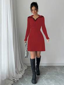 Elenzga Ribbed Collar A-Line Women Sweater Dress Fall Cloth For Women - Multicolor - View 6