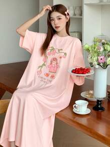 DAZY Vestido camiseta de mujer con estampado de dibujos animados, vestido de dormir pijama - Rosa - Ver 5