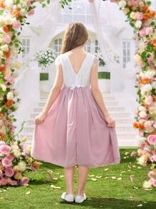 Girls Lace Trim Colorblock Bow Belt Dress, Short Sleeve, Pink, Suitable For Wedding Season, Spring/Summer - Baby Pink - View 2