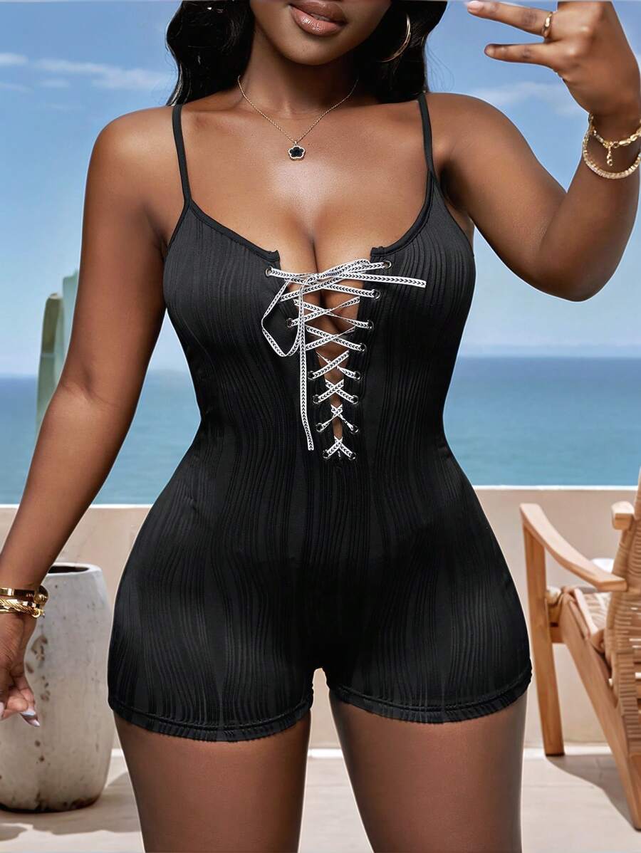 Slaydiva Black Summer Casual Jumpsuit,Front Tie Bow Textured Fabric Multifunctional Romper For Club Night,Pool Party,Vacation,Cruise,Beach & Sunbathing - Black - View 1