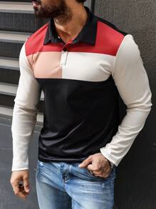Manfinity Homme Men's Casual Daily Wear And Vacation Attire, Featuring An INS-Style Long-Sleeve Polo Shirt, Vintage Creative Polo Shirt In Color-Blocked Black, White, Red, And Khaki Prints. This Shirt Includes A Button Placket And Is Suitable For Refreshing Top In All Seasons. It's Perfect For Hawaiian Beach Vacation And Great For Couple Looks, Making It An Excellent Gift Idea For Boyfriends Or Husbands - Multicolor - View 7