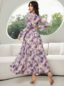 Modelyn Women's Batik Printing Round Neck Long Sleeve Pleated Ruffle Hem Elegant Dress