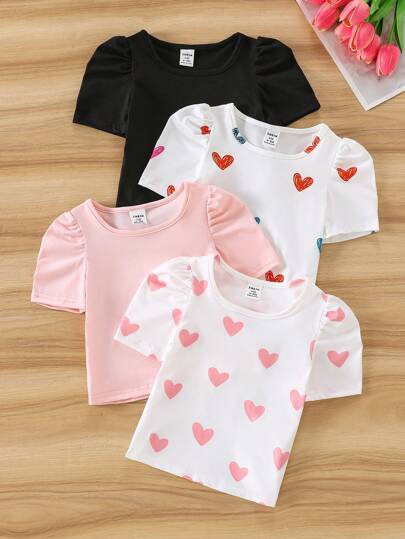 SHEIN 4 件套 女宝宝休闲纯色心形印花泡泡袖上衣