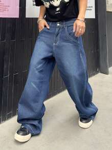 Manfinity CasualKnits Men's Casual Loose Washed Wide Leg Jeans - Dark Wash - View 5