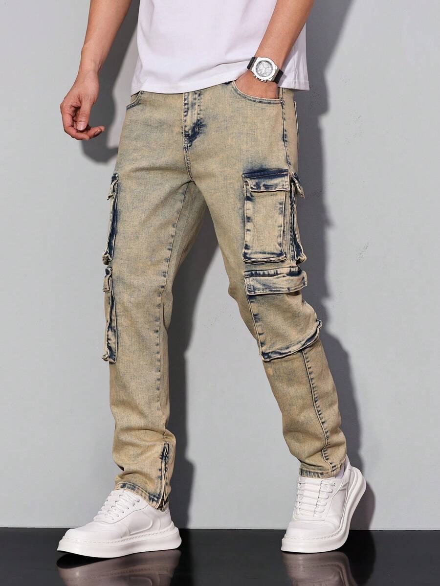 Manfinity Roughcore Men's Casual Washed Distressed Cargo Jeans - Light Wash - View 1