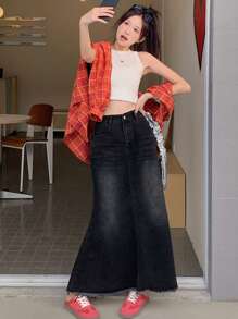 DAZY 女士休闲牛仔A字裙，简约时尚，适合日常穿着的牛仔裙 - 黑色 - 查看 4