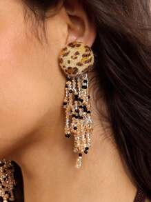 SHEIN BAE Fashionable Exaggerated Fluffy Leopard Print Tassel Crystal Beads Drop Earrings, Vintage Style, Unique Design