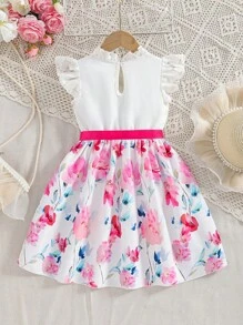 SHEIN 1 pieza Top corto con acabado de encaje y estampado floral "Garden" para niñas y niñas pequeñas, con vestido de tela blanca, conjunto casual de vacaciones para primavera/verano apropiado para el look dulce de niñas en días festivos