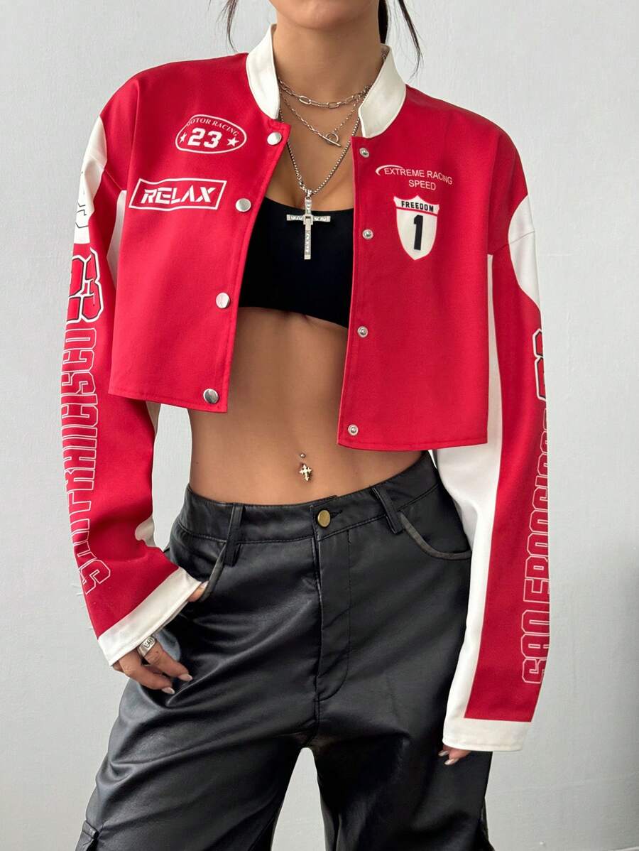 SHEIN Unity Motorcycle Cropped Long Sleeve Raglan Jacket For Women - Red and White - View 1