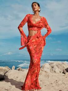 Opulessa 女士印花薄纱宽松罩衫半身裙（仅含半身裙），休闲沙滩装，适合夏季海滩度假、薄纱披肩、节日、音乐节、乡村音乐会等场合 - 紅色 - 查看 8