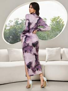 Modelyn Women's Elegant Marble Print Ruched Fitted Dress - Purple - View 2