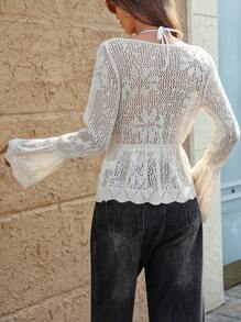 SHEIN Clasi Women's Spring/Summer Round Neck Off Shoulder Hollow See-Through Knitted Top With Ruffle Hem Flare Sleeves, Cover Up With Shell Buttons - Apricot - View 2