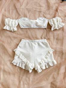 Soleia Bộ 2 món đồ nữ thanh lịch, áo croptop trễ vai và quần short xếp ly, thích hợp cho kỳ nghỉ biển, trang phục mùa xuân hè cho nữ, phong cách lễ hội âm nhạc phương Tây, boho, nghỉ lễ. - trắng - Xem 2