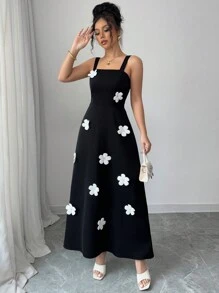Elenzga Women's Wide Strap 3D Floral Decor Casual Dress