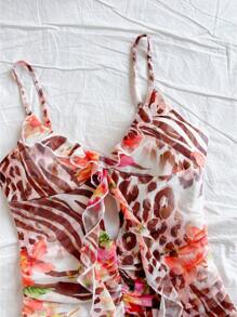 Soleia 性感豹纹斑马花卉图案细肩带镂空荷叶边下摆迷你连衣裙，适合度假、音乐节、波西米亚风、节日、约会之夜和情人节下午茶