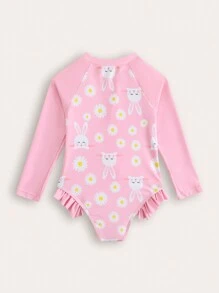 年轻女孩新款时尚连体拼布印花泳衣 - 淺粉色 - 查看 2