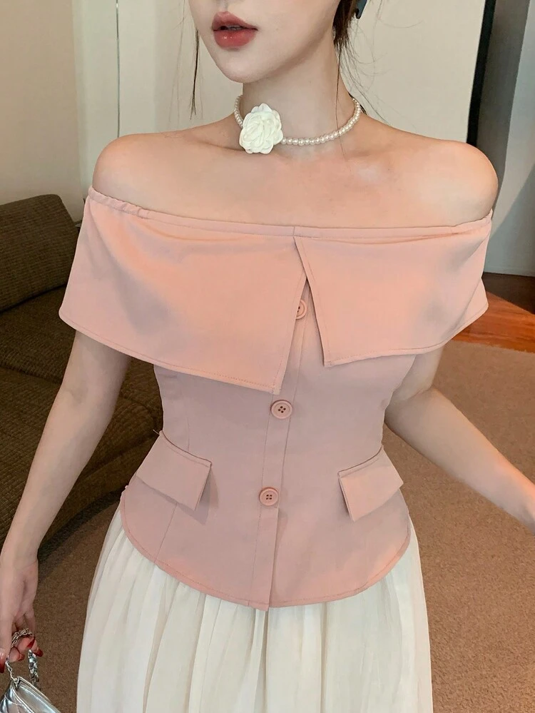Blusa de manga corta con hombros descubiertos, borde asimétrico y ajustada, elegante top de verano para mujer