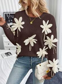 Chiquease 女士3D立体花卉手工长袖套头毛衣，秋冬针织套头衫 - 咖啡棕 - 查看 4