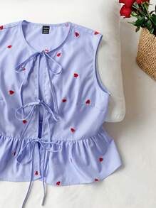 Comfortcana 夏季 Boohoo 女士心形图案前领带蓝色条纹编织衬衫情人节款