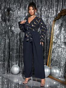 SHEIN Unity 女士优雅 V 领、拼接金属腰带长袖阔腿连体裤 - 藏蓝色 - 查看 4