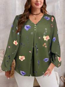 EMERY ROSE 大码女式秋装花卉印花 V 领灯笼袖宽松长袖衬衫