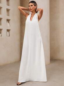 SHEIN VCAY Vestido casual de unicolor sin espalda de halter para vacaciones de mujer - Blanco - Ver 5