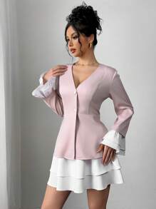 SHEIN Unity 2pcs Set V-Neck Color Block Jacket With Double Frill Trim Waistless Skirt Sleeve Fall Cloth For Women - Pink - View 6