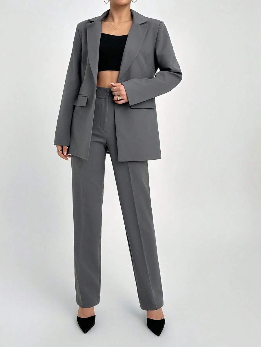 SHEIN Tall Women Solid Color Front Button Pocket Detailed Collar Neck Cardigan & Sweater Skirt Set, Tall Women - Grey - View 1