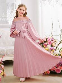 Tween-Mädchen einfarbiges Patchwork Punkt Mesh Rüschen Ärmel Schleife Plissee rosa Lässig Kleid, Party, Schule Start, feminin, französisch elegant, Prinzessinen Stil, Hochzeit, Geburtstag, Valentinstag