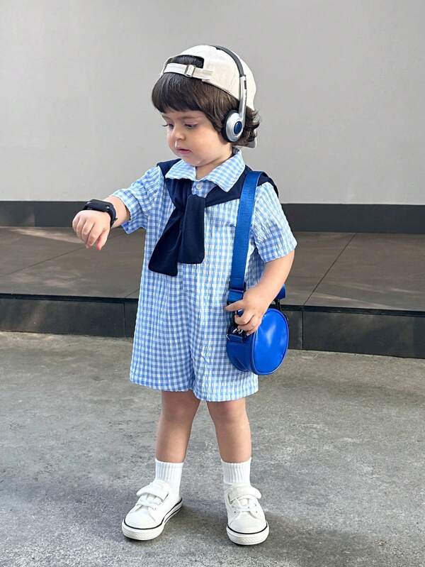 SHEIN Newborn Baby Boy/Girl Casual Cute Blue Plaid Short Sleeve Romper With Cape, Summer