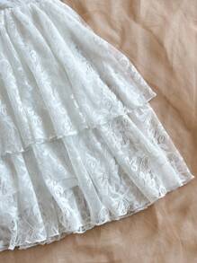 Soleia 浪漫甜美蕾丝拼布泡泡袖分层蛋糕迷你连衣裙，春夏 - 白色 - 查看 6