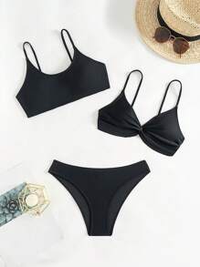 SHEIN Swim Summer Solid Color Minimalist Bikini Set, Suitable For Beach & Vacation - Black - View 1