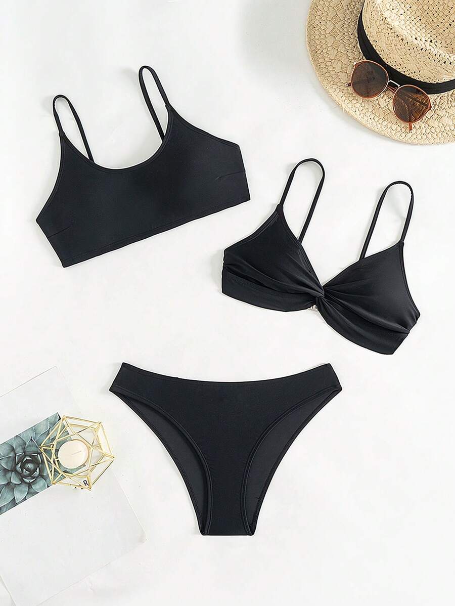 SHEIN Swim Summer Solid Color Minimalist Bikini Set, Suitable For Beach & Vacation - Black - View 1
