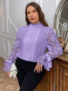 SHEIN Privé Plus Size Spring&Autumn Elegant Lace Patchwork Pleated Hollow Stand Collar Ruffle Blouse Fall - Lilac Purple - View 4