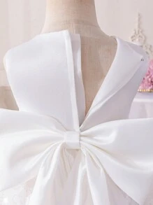 Glamorique Kids Infant & Baby Girl Lace Embroidered Tulle Dress, Elegant Satin Bow Princess Party Wedding Ceremony Events Dress - Beige - View 6