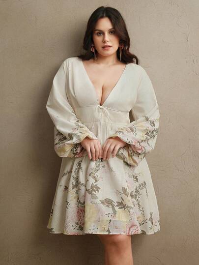 Anewsta 深 V 领灯笼袖亚麻印花连衣裙，适合春季、情人节、约会之夜