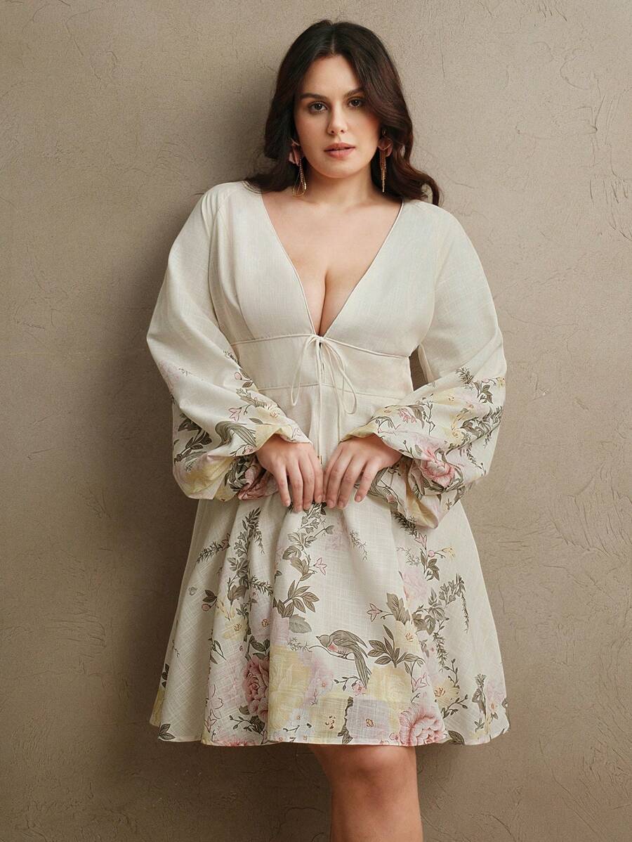 Anewsta Deep V Neck Lantern Sleeve Linen Look Print Dress, Suitable For Spring, Valentine's Day, Date Night - Multicolor - View 1