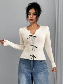 Chiquease Suéter de punto con cuello en V semitransparente con lazo de lentejuelas brillantes para mujer, suéter de punto para otoño e invierno - Beis - Ver 5