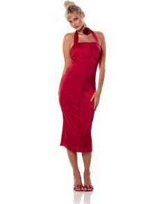 MUSERA Satin Halterneck Hook & Eye Midi Dress Sexy Cute Spring Summer Party Going Out Vacation - Red - View 1
