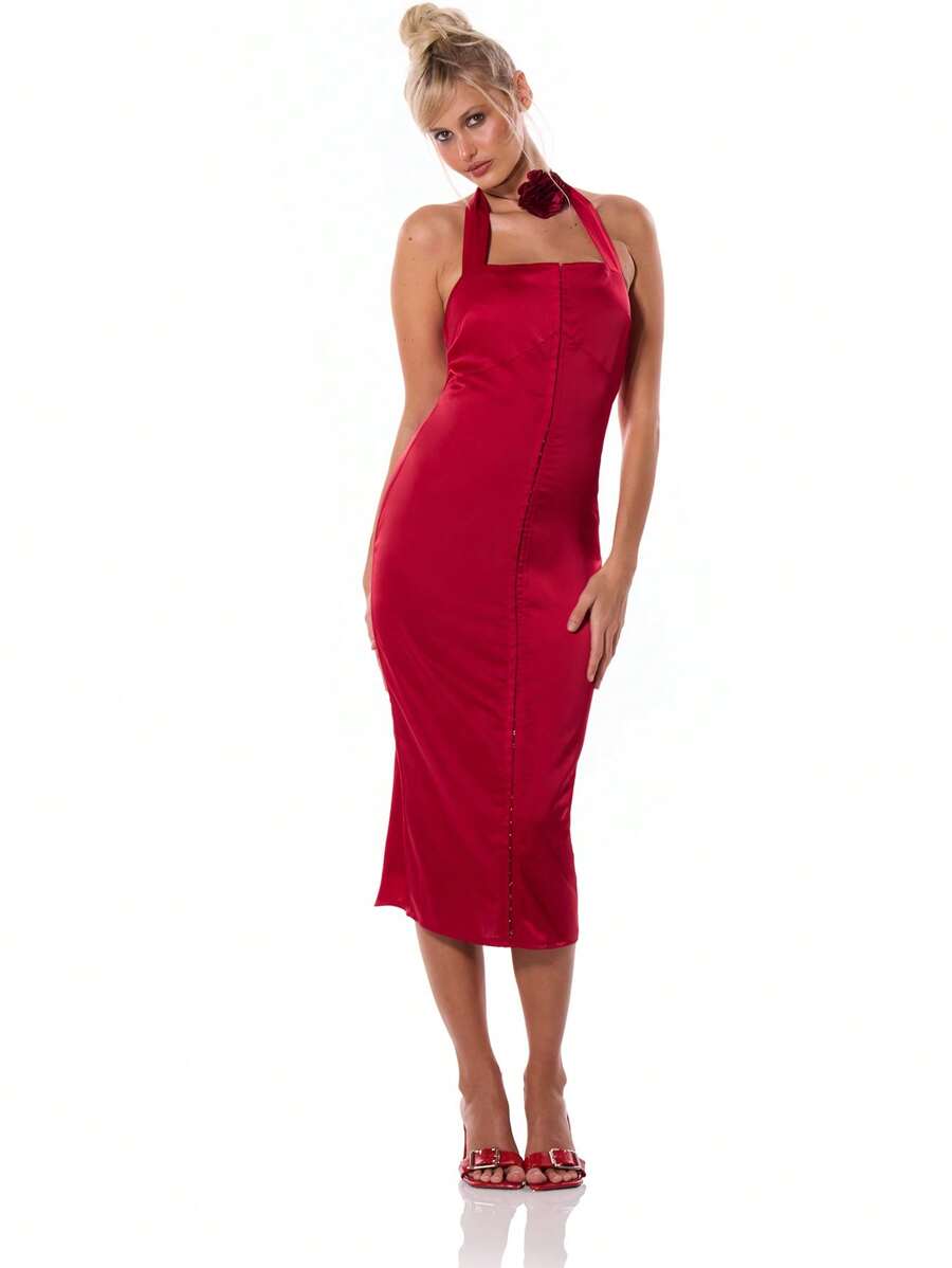 MUSERA Satin Halterneck Hook & Eye Midi Dress Sexy Cute Spring Summer Party Going Out Vacation - Red - View 1