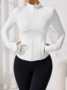 Women's Solid Color Long Sleeve Zip Front Casual Sports Jacket - White - View 5