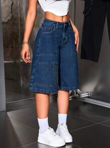 SHEIN ICON Women's Pocket Detail Wide Leg Loose Fit Bermuda Denim Shorts - Medium Wash - View 4