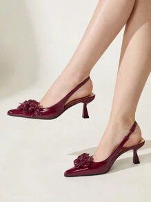 CUCCOO CHICEST 女士花卉装饰尖头穆勒一脚蹬高跟鞋，优雅舒适的派对/婚礼/正式活动高跟鞋，适合春、夏、秋、冬，情人节酒红色 - 酒紅色 - 查看 2