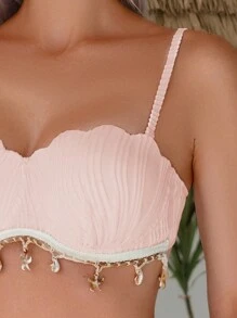 Women's Solid Color Textured Fabric Gathered Conch Decor Ribbon Drawstring Bikini Set For Summer Beach Vacation - Apricot - View 4
