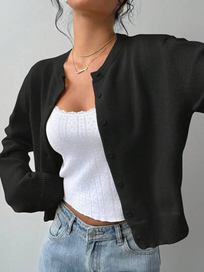 SHEIN BASICS Women Casual Solid Color Crew Neck Long Sleeve Loose Cropped Black Cardigan Women Winter Coat
