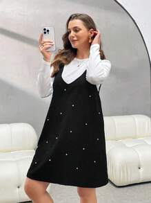 SHEIN Essnce 大码女式珠饰无袖连衣裙和长袖上衣 2 件套 - 黑色 - 查看 8