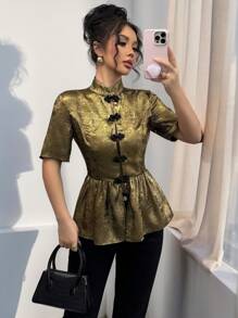 SHEIN Unity Elegant Stand Collar Metal-Colored Non-Stretch Short Sleeve Cinched Waist Blouse For Women, Spring/Summer - Bronze - View 1