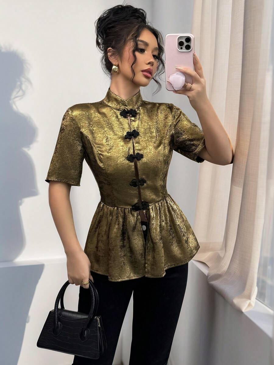 SHEIN Unity Elegant Stand Collar Metal-Colored Non-Stretch Short Sleeve Cinched Waist Blouse For Women, Spring/Summer - Bronze - View 1