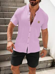 Manfinity Homme Casual Solid Color Shirt & Shorts Set, Simple & Fashionable For Daily Wear - Violet Purple - View 4